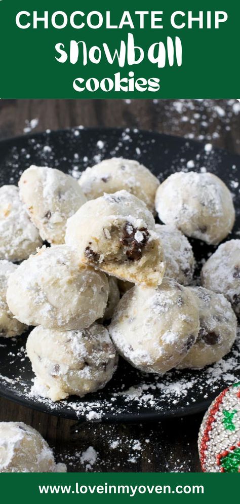 Snowball cookies are a must for the holidays! These chocolate chip snowball cookies are egg free and only require 6 ingredients to make! They're perfect for a holiday baking exchange or to just have out around the house during the holidays. Classic Snowball Cookies, Russian Teacakes, Mexican Wedding Cookies Recipes, Russian Tea Cookies, Wedding Cookies Recipe, Russian Tea Cakes, Best Oatmeal Cookies, Snowball Cookie Recipe, Russian Tea Cake