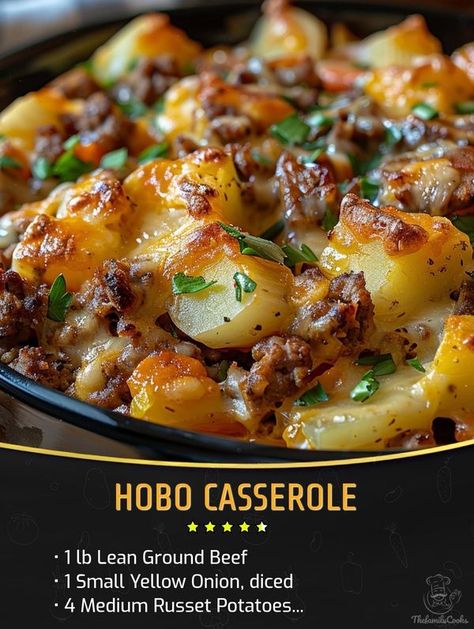 Easy and tasty recipes | Hobo Casserole | Facebook Hobo Dinner Casserole, Hobo Casserole Recipes, Hobo Casserole Ground Beef, Hobo Stew Recipe, Midwest Recipes, Hobo Casserole, Beef And Potato Casserole, Boiling Crab, Beef Entrees