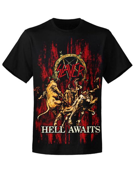 T-shirt unisexe Slayer Hell Awaits Check more at https://lespiaules.com/product/t-shirt-unisexe-slayer-hell-awaits/ Demon Slayer Tshirt, Black Alternative Anime Print T-shirt, Slayer Shirt Band, Heavy Metal Tshirt, Affordable Black Anime Print T-shirt, T Shirt