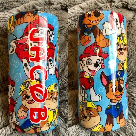 Paw Patrol Tumbler Cup, Paw Patrol Tumbler, Wrapped Tumblers, Paw Patrol Cups, Fabric Tumblers, Kids Tumblers, Cup Painting, Tumbler Cups Personalized, Epoxy Crafts