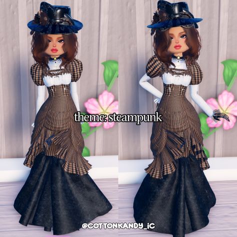 dress to impress theme steampunk outfit inspo no vip Steampunk Dress To Impress No Vip, Steampunk Dress To Impress, Dti Hacks, Steampunk Dress, Dti Fits, Dti Ideas, Dti Outfits, Steampunk Clothing, Skirt Fashion