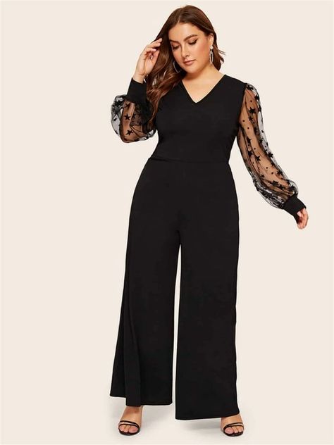 Flare Leg Jumpsuit, Plus Size Jumpsuit, Bishop Sleeve, Mesh Sleeves, Lantern Sleeve, Shein Style, Wide Leg Jumpsuit, Lantern Sleeves, Tulum