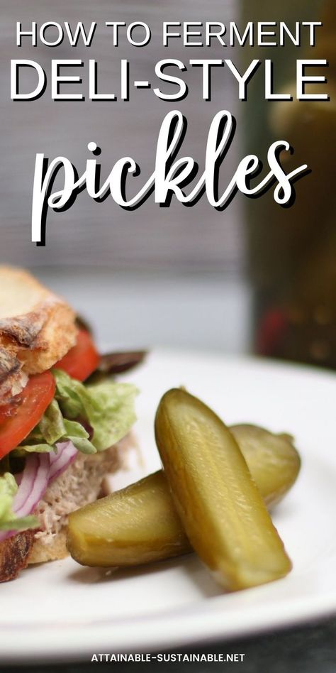 2 pickle halves on a white plate with a loaded sandwich. Fermented Dill Pickles Recipe, Garlic Dill Pickle Recipe, Deli Pickles Recipe, Crispy Pickles, Fermented Dill Pickles, Pickled Green Bean Recipes, Crispy Dill Pickles, Fermented Soda, Making Mead