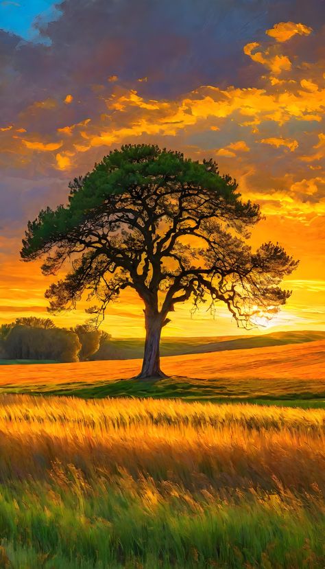 A lone tree standing tall in the middle of a vast field, its branches reaching out towards the sky. The painting captures the serenity and beauty of nature, with the tree serving as a symbol of resilience and strength. The colors blend seamlessly, creating a peaceful and harmonious atmosphere. It evokes a sense of solitude and contemplation, inviting the viewer to pause and reflect on the wonders of the natural world. Big Tree Drawing, Drawing Sunset, Peace Painting, Beautiful Landscape Paintings, Landscape Painting Tutorial, Spring Scene, Lighthouse Painting, Canvas Art Projects, Lone Tree