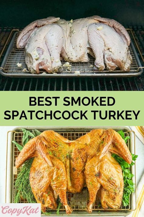 Smoked Spatchcock Turkey is juicy and incredibly flavored. Get the easy recipe and find out how to make the best smoked spatchcock turkey. A brine keeps it juicy while smoking and herb compound butter adds to the smoke flavor. A tasty turkey to make in a smoker for Thanksgiving. Perfect for an electric smoker or pellet grill like Traeger or Pit Boss. Pellet Smoker Spatchcock Turkey, Spatchcock Turkey On Traeger Grill, Smoked Turkey On Traeger, Spatchcock Smoked Turkey Traeger, Spatchcock Smoked Turkey Recipes, Spachocked Turkey Smoked, Traeger Spatchcock Turkey, Spatchcock Turkey Pellet Grill, Spatchcock Turkey Smoked Traeger