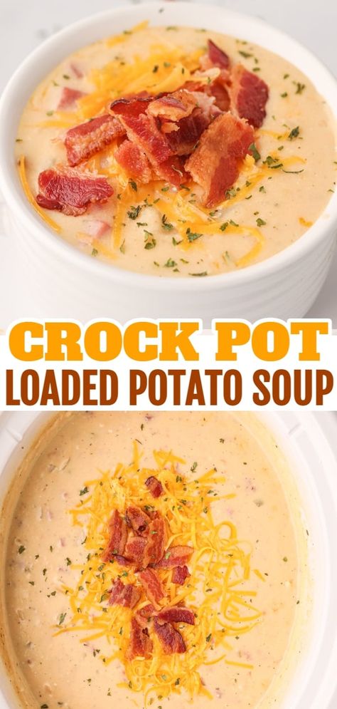 Crock Pot Loaded Potato Soup is a hearty slow cooker soup recipe loaded with diced hash brown potatoes, ham, cheddar cheese, cream cheese and bacon. Cheesy Hashbrown Soup Crock Pot, Cheesy Potato Soup Crock Pot Hashbrowns, Ocharleys Loaded Potato Soup Crock Pot, Crock Pot Loaded Baked Potato Soup With Hashbrowns, Loaded Potato Soup Crockpot Hashbrowns, Crock Pot Potato Soup With Hashbrowns, Potato Soup Cream Cheese, Crock Pot Loaded Potato Soup, Crockpot Loaded Potato Soup