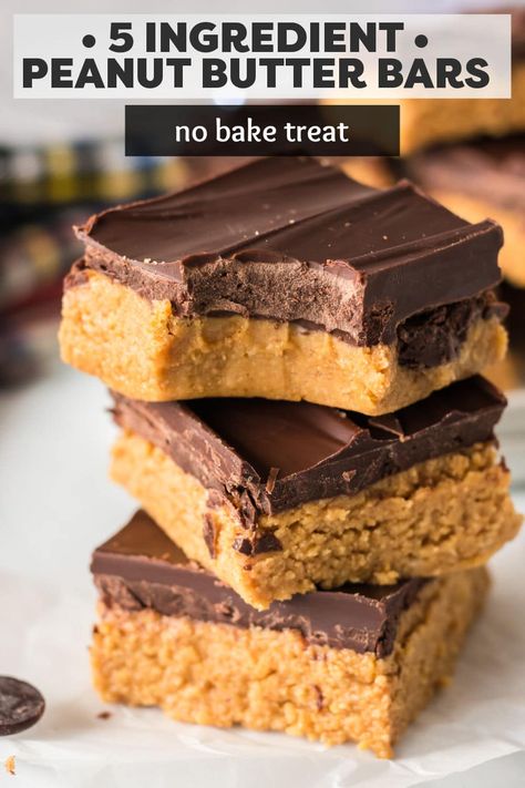 These no bake chocolate peanut butter bars have all the flavors of peanut butter cups in the form of a dessert bar made with just 5 ingredients! With no oven required, these rich and decadent dessert bars come together quickly and easily for the tastiest anytime treat. | www.persnicketyplates.com Peanut Butter Cup Bars, Peanut Butter Cup Bars No Bake, Reeses Peanut Butter No Bake Bars, No Bake Recees Peanut Butter Bars, Reese’s No Bake Peanut Butter Bars, No Bake Chocolate Peanut Butter Protein Bars, Peanut Butter Desserts Easy, Potluck Recipes Dessert, Chocolate Peanut Butter Squares