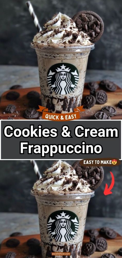 Copycat Starbucks Cookies and Cream Frappuccino tastes like a rich blend of chocolate, cookies and ice cream. It is so easy to make at home. Starbucks Frapp Drinks Recipes, Starbucks Recipes Cookies And Cream, Starbucks Drinks Cookies And Cream, Oreo Frappuccino Starbucks, Cookies And Cream Starbucks, Starbucks Cookies And Cream Frappuccino, Cookies And Cream Coffee, Cookies And Cream Frappe, Cookies And Cream Frappuccino