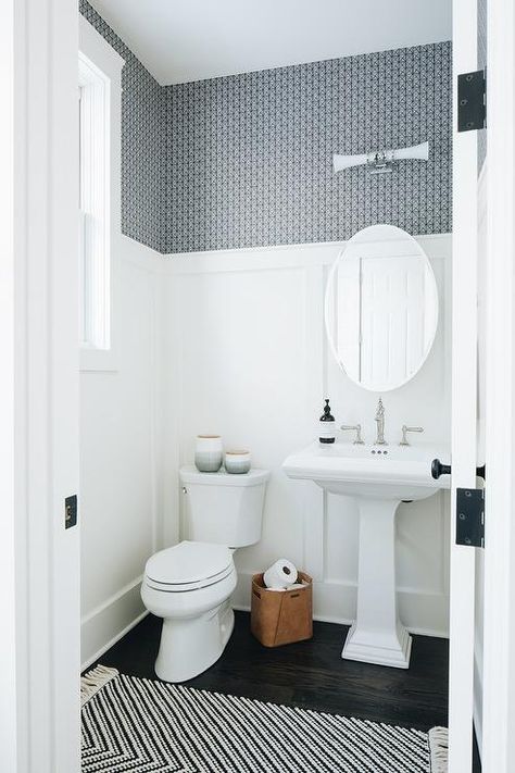 White and Blue Powder Room with Board and Batten Walls - Transitional - Bathroom Board And Batten Trim, Blue Powder Rooms, White Powder Room, Transitional Powder Room, Farmhouse Powder Room, Powder Room Lighting, Modern Powder Rooms, Powder Room Remodel, Transitional Wallpaper