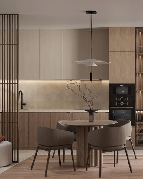 Beige Kitchen With Wood, Modern Beige Interior, Open Floor Plan Living Room And Kitchen And Dining Room, Kitchen Room Design Modern, Modern Japandi Interior, Beige Kitchen Ideas Modern, 50 M2 Apartment, Dinner Room Ideas, Modern Japandi Kitchen