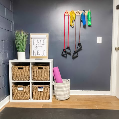 Gym Organizer Ideas, Kallax Gym Storage, Diy Workout Equipment Storage, Workout Storage Small Spaces, Workout Organization Ideas, Workout Area In Small Space, Weight Storage Ideas, Exercise Equipment Storage, Gym Organization Ideas