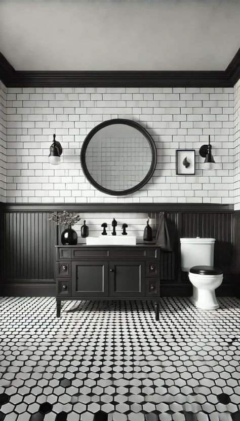 21 Stunning White and Black Bathroom Decorating Ideas You Need to See Now! 🖤✨ Classic Black And White Bathroom, White Bathroom Decorating Ideas, Vintage Black And White Bathroom, White Luxury Bathroom, Moody Bathrooms, White Hexagon Tile Bathroom, White And Black Bathroom, Black And White Bathroom Ideas, Black And White Bathroom Floor