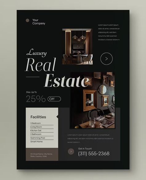 Black Geometric Luxury Real Estate Flyer Template AI, PSD Luxury Flyer Design, Real Estate Creative Ads, Luxury Real Estate Brochure, Real Estate Flyer Design, Realtor Flyers, Email Flyer, Real Estate Design, Flyer Real Estate, Getting Into Real Estate