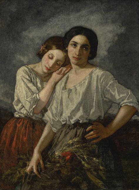 Thomas Couture, The Volunteers, Two Sisters, Oil Painting, Paintings, Couture, Red, White, Art