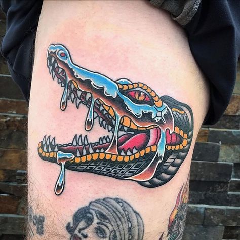 Sullen Art Collective on Instagram: “Chromed out Gator by @cfhtattooer of Spring Hill, Florida” Alligator Tattoo, Crocodile Tattoo, Traditional Tattoo Inspiration, Tattoo Apprenticeship, Traditional Tattoo Sleeve, Tattoo People, Old School Tattoo Designs, Traditional Tattoo Art, Different Tattoos