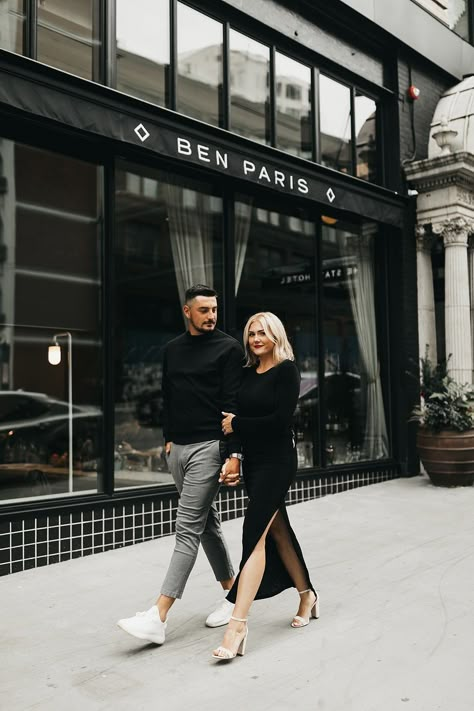 Vienna Engagement Photos, Glam City Photoshoot, Classy Casual Engagement Photos, Fancy City Couple Photoshoot, City Engagement Shoot Ideas, Engagement Photos Sneakers, Engagement Photos Minimalist, Elegant City Engagement Photos, Sweater Dress Engagement Photos