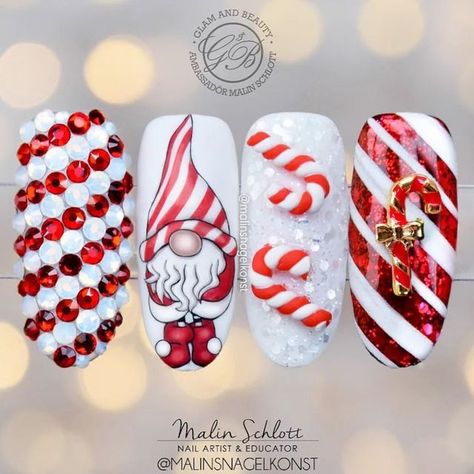 Gnome Nails Art, Christmas Gnome Nails, Gnome Nails, Christmas Candy Nails, Classy Nail Art Ideas, Nail Art Noel, Holiday Nails Winter, Winter Manicure, Snowflake Nail Art