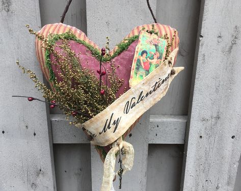 Grungy Candles, Spring Room, Primitive Valentine, Vintage Valentine Crafts, Primitive Wreath, Valentine Decoration, Primitive Wood Signs, Spring Wall Art, Ticking Fabric