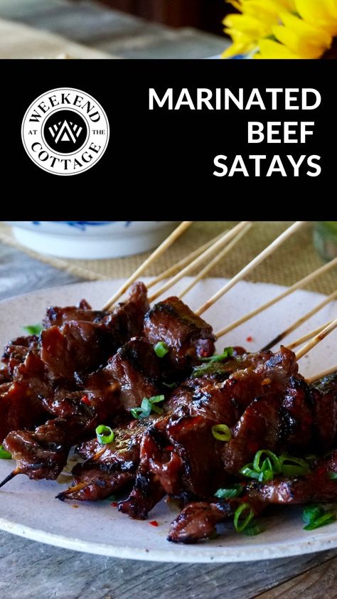 Beef Skewers Marinade, Satay Marinade, Beef Satay, Beef Marinade, Beef Skewers, Beef Kabobs, Asian Beef, Beef Strips, Skewer Recipes