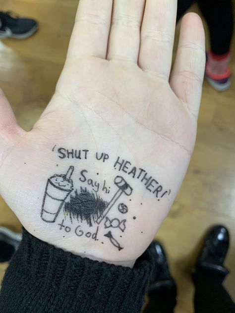 Heathers Dear Evan Hansen Tattoo, Heathers Drawing, Musical Theatre Tattoo, Heathers Tattoo, Hippie Grunge Aesthetic, Broadway Tattoos, Theatre Tattoo, Heathers Quotes, Heathers Movie