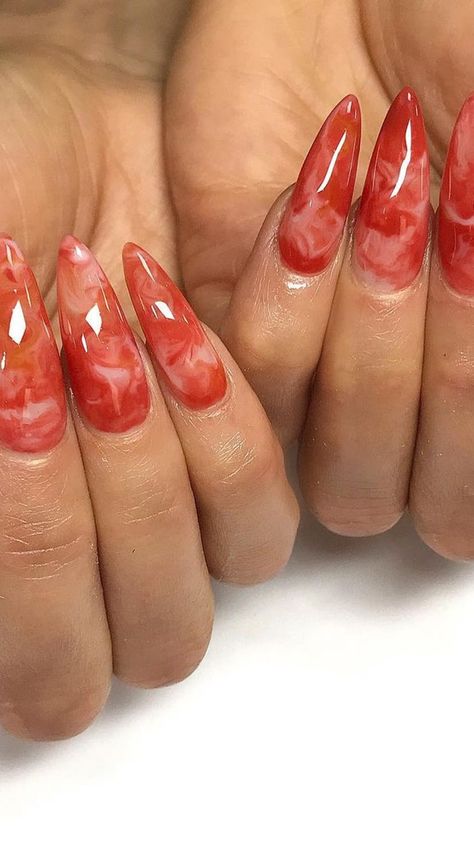 Red Marble Nail Designs, Peach Marble Nails, Marble Red Nails, Red Vacation Nails, Orange Marble Nails, Red Nail Designs Summer, Red Marble Nails, Summer Nails Red, Red Nails Summer