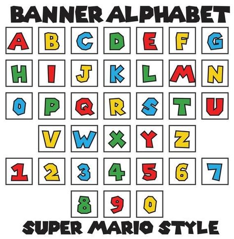 Mario style - Letters A-Z, Numbers 0-9 - Set of 36 Banner Flags 7.5" Square - Printable PDF, Instant Download - TSgos.com Mario Dollhouse, Mario Brothers Birthday Party, Mario Crafts, Super Mario Bros Birthday Party, Mario E Luigi, Super Mario Bros Party, Mario Cake, Mario Bros Birthday, Banner Image