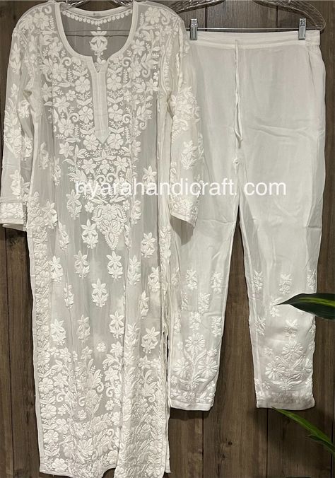 Buy Lucknow Chikankari White Kurta and Pants / Fine Georgette/ FREE SHIPPING in US Online in India - Etsy Plazo Suit Design, Kurta And Pants, Chikankari Kurta, Dresses Traditional, Muslim Outfits Casual, White Kurta, Indian Dresses Traditional, Muslim Outfits, Dream Wedding Ideas Dresses