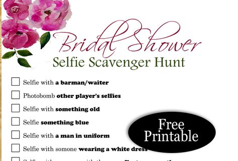 Free Printable Bridal Shower Selfie Scavenger Hunt Kid Holiday Games, Selfie Scavenger Hunt, Housewarming Party Games, Housewarming Games, Anniversary Party Games, Girls Party Games, Bride Game, Office Party Games, Bridal Shower Bingo