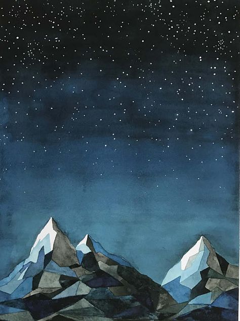 https://www.etsy.com/listing/508627540/mountains-in-the-night-sky-wall-art Night Sky Wall, Watercolor Night Sky, Nam June Paik, Night Sky Painting, Modern Watercolor, 수채화 그림, Graphic Style, Mountain Paintings, Sky Art