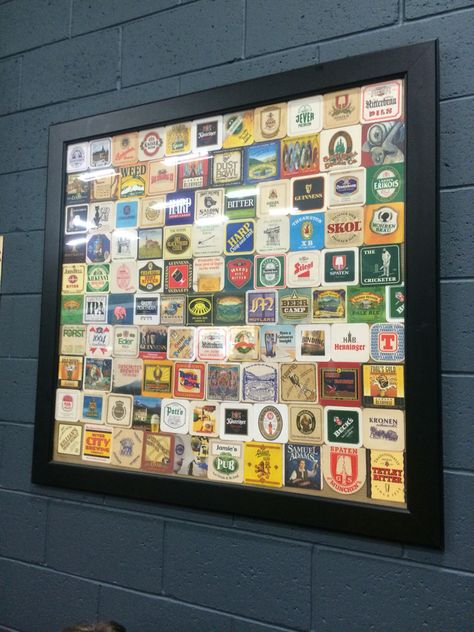 How to display the coasters collected Beer Coaster Display, Bar Coaster Ideas, Brewery Sticker Display Ideas, Coaster Collection Display, Framed Coasters, Beer Coaster Art, Beer Coasters Diy, Coaster Display, Beer Crafts