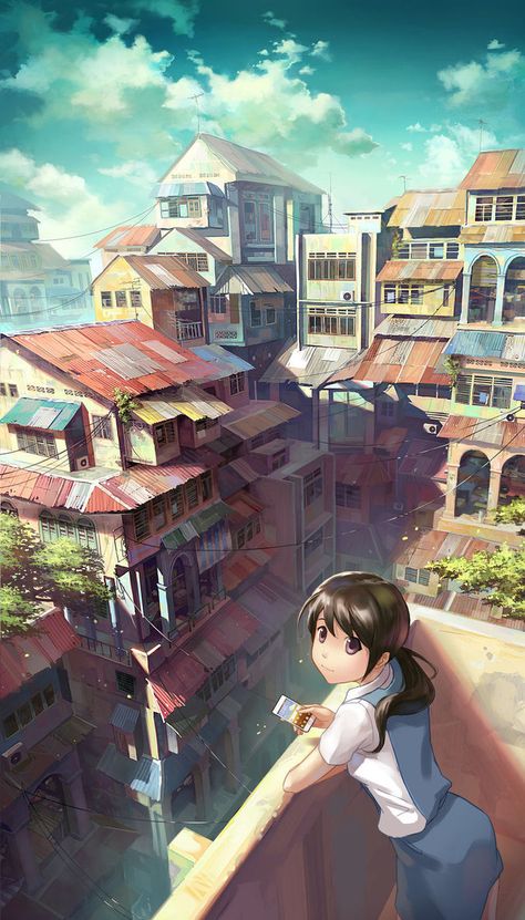 http://feigiap.deviantart.com/art/Girl-on-balcony-291674207 Anime City, Art Manga, Wow Art, Art And Illustration, Art Tutorial, Environmental Art, Anime Inspired, Wallpaper Pc, Anime Background