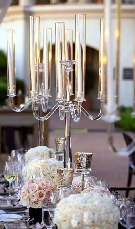 lovely crystal centerpiece for this gorgeous tablescape Sophisticated Wedding Reception, Candelabra Wedding Centerpieces, Candelabra Wedding, Candelabra Centerpiece, Crystal Candelabra, White Centerpiece, Photos Booth, Tall Centerpieces, Sophisticated Bride