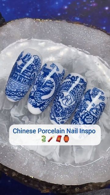 Maniology▪️Nail Stamping on Instagram: "🐲 Chinese New Year nail inspo!! Would you wear these Chinese porcelain inspired nails? 🏮⁠ ⁠ 👀 ICYMI: Did you know we have a Chinese Ceramic starter kit with this plate? The kit comes with a beautiful blue polish and mini sized top coat duo bottle as well as a new stamper/scraper set, perfect for gifting or keeping. ⁠ ⁠ IG: @stefanierenae.arts⁠ Products used: Porcelain: Chinese Ceramic Nail Stamping Starter Kit⁠ ⁠ #nailsoftheday #nails #nailart #nailstamping #nailstagram #nailsofinstagram #stamping #instanails #indiepolish #easynails #diynails #chinesenewyear #lunarnewyear #porcelain #2024 #yearofthedragon #dragonyear #nailideas2024 #nailideas" Chinese Porcelain Nails, China Plate Nails, Chinese Inspired Nails, Fine China Nails, Porcelain Nail Art, Porcelain Nails, Chinese New Year Nail, Chinese Nails, Foil Nail Designs