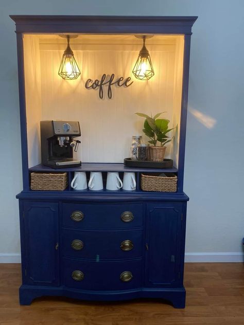 Dark Blue Coffee Bar, Blue Coffee Bar, Coffee Hutch, Armoire Bar, Furniture Decals, Redo Cabinets, Coffee Stations, Farmhouse Coffee Bar, Home Coffee Stations