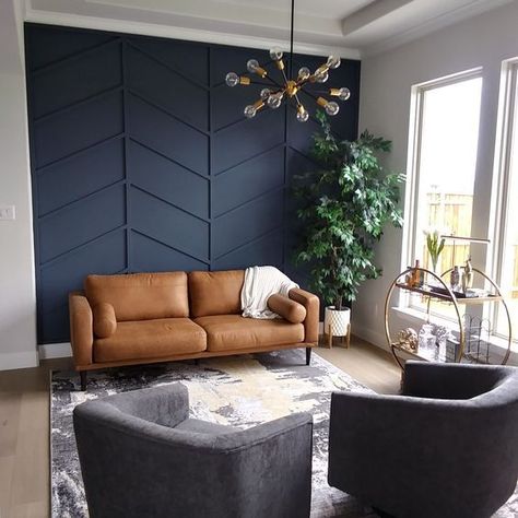 Blue Accent Wall Living Room, Navy Blue Accent Wall, Blue Accent Wall, Blue Walls Living Room, Bathroom Nursery, Dining Room Accent Wall, Navy Living Rooms, Penthouse Living, Feature Wall Living Room