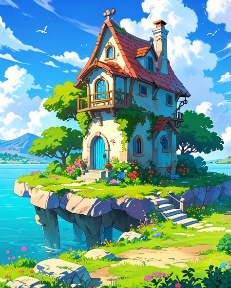 "Magical and Tranquil house" #aiart #animeillustration #illustrationart #illustration #illustrator #art #design #drawing #painting #artwork #generativeartworks #house #lake #landscape Concept Art House, Tranquil House, Lake Illustration, Fantasy Cottage, House Lake, House By The Sea, Illustrator Art, Lake Art, House Illustration