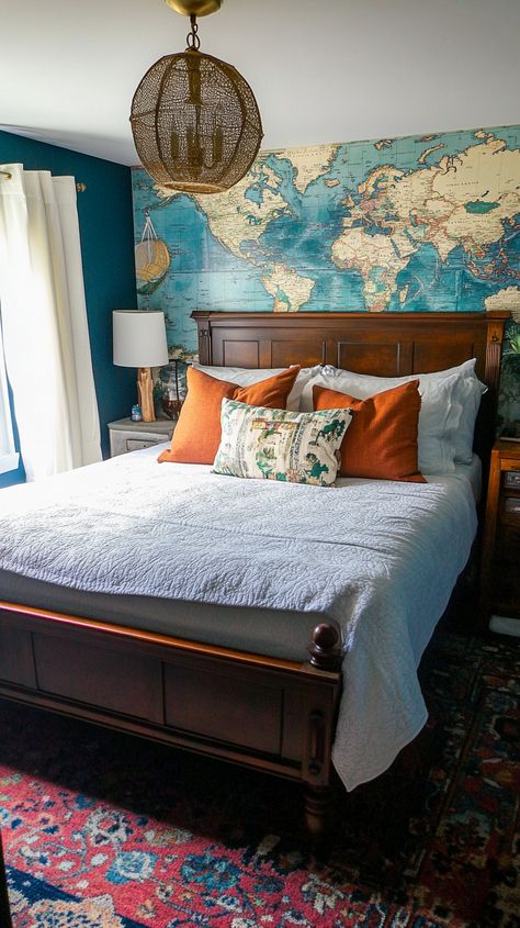 Transform your guest bedroom into a Sagittarius-inspired escape! 🌍✨ With travel-themed decor, a captivating world map wallpaper, and eclectic furnishings, let bright accents create a welcoming atmosphere. Perfect for the adventurous soul seeking rest and inspiration. 🛋️🗺️#SagittariusStyle Bedroom Travel Theme, Traveler Bedroom, World Map Wallpaper, Map Wallpaper, Travel Theme, Themed Decor, Travel Themes, World Traveler, Guest Bedroom