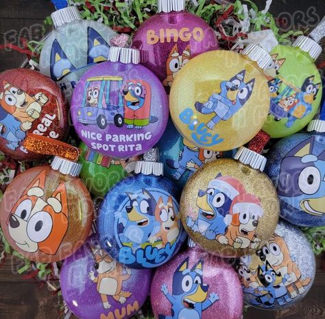 Vinyl Christmas Ornaments, 2nd Birthday Party Themes, Dog Cartoon, Disney Ornaments, Cartoon Christmas, Glitter Ribbon, Ornament Hooks, Easy Christmas Diy, Blue Dog