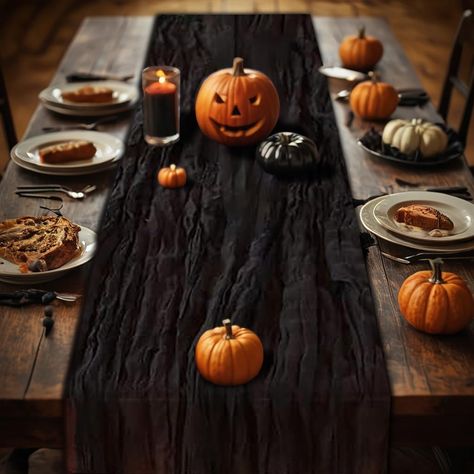 PRICES MAY VARY. Runner Package Include: You will get 1 PCS/120inch (10FT) long black cheesecloth table runner with 2 pcs string, approx.35" wide and 120" length.Boho Table Runner is suitable for rectangular and round tables that can accommodate 8-10 people,can be used for chair cover sashes or decorative napkins, backdrop draping or halloween table decorations. Soft and Comfortable:The gauze rustic table runner is made of high quality polyester, natural drape, lightweight and skin-friendly,soft Black And White Halloween Party Decor, Chic Halloween Party Decor, Halloween Dining Room Table Decor, Halloween Dining Table Decor, Table Decorations Halloween, Harvest Party Decorations, Boho Halloween Decor, Backdrop Draping, Halloween Party Table Decorations