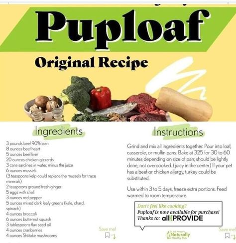 Dr. Judy Morgan's recipe for pup loaf. Healthy Homemade Dog Food, Cook Dog Food, Chicken Gizzards, Make Dog Food, Diy Dog Food, Dog Treats Homemade Recipes, Beef Liver, Loaf Recipes, Dog Diet