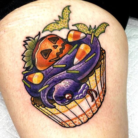 Fall Tattoo Ideas, Galaxy Tattoos, Fall Tattoos, Fall Tattoo, Candy Tattoo, Cupcake Tattoos, Pumpkin Tattoo, Autumn Tattoo, Food Tattoos