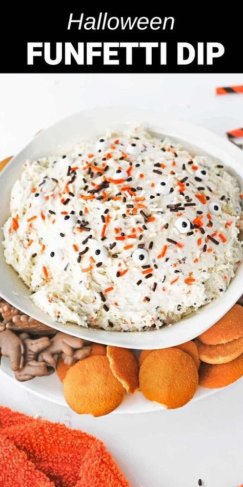 white dip with orange and black sprinkles Cake Mix Dip Funfetti, Halloween Dessert Dip, Halloween Funfetti, Cake Mix Dip, Funfetti Dip, Dunkaroo Dip, Sweet Dip, Halloween Dip, Halloween Appetizers Easy