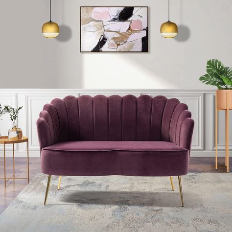 Velvet Loveseat Sofa with Gold Legs, Modern 2-Seater Sofa for Living Room, Bedroom, or Office. Comfy Upholstered Small Love Seat Couch, Flower Shaped Back, Purple Small Love Seat, Tv Room Sofa, Small Couches, Love Couch, Velvet Loveseat, Upholstered Fabric, Loveseat Sofa, Contemporary Living Room, 2 Seater Sofa