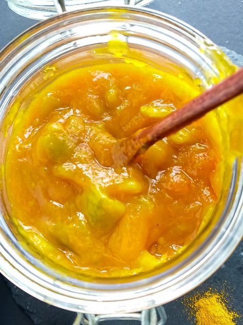 Easy homemade mango chutney that needs only a handful of simple ingredients. Eat with rice and curry, chicken, fish or shrimps!  It’s a sign of spring when we see mangoes start piling up at the markets and prices begin to drop. That’s when you dream of this mango chutney! Made of unripe (green) mangoes, and a few simple spices, this is a quick and easy mango chutney that is all-natural. So HEALTHY, so TASTY!  This recipe makes about 2 cups of chutney and can be easily multiplied to make a huge b Mango Chutney Recipe Easy, Green Mango Recipe, Mango Recipes Indian, Green Mango Chutney, Rice And Curry, Mango Chutney Recipe, Ginger Chutney, Boiled Chicken Breast, Side Dishes For Chicken