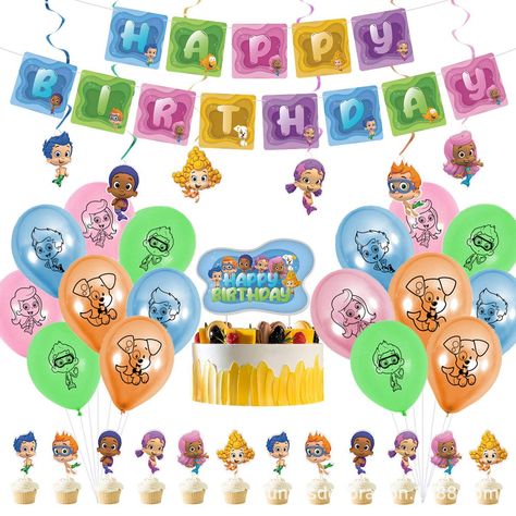 PRICES MAY VARY. Package Includes: 1 set bubble guppies happy birthday banner, 1 pcs bubble guppies cake topper, 6 Pcs hanging swirls , 12 pcs cupcake toppers, 16 pcs bubble guppies latex balloons. Material: Bubble guppies theme birthday decorations are made of high quality cardboard and natural latex, environmentally friendly and durable. Easy to Assemble: No need to spend extra time to assemble, our bubble guppies birthday banner has been assembled in advance,you just need to string and hang i 1st Birthday Bubble Guppies, Bubble Guppies Decorations, Ocean Party Decorations, Bubble Guppies Theme, Bubble Birthday Parties, Bubble Guppies Birthday Party, Happy 12th Birthday, Bubble Guppies Party, Bubble Birthday