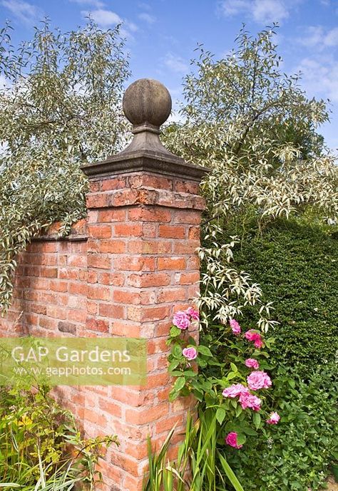 Brick Wall Gardens, Brick Courtyard, Brick Pillars, Brick Planter, Outdoor Gathering Space, Antique Brick, Red Brick Wall, Brick Decor, Brick Fence