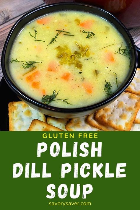 This Gluten Free Polish Dill Pickle Soup is a recipe I made after being inspired by the Paula Deen version I watched on YouTube. I had never seen a soup with dill pickles in it. It sounded both interesting and intriguing. It’s a creamy and flavorful soup with a slight tangy taste made with potatoes, carrots and pickles. Don’t let the dill pickles in this soup cause you not to try it. I think you’ll be surprised at how good it is! Polish Pickle Soup Recipe, Polish Dill Pickle Soup Recipe, Potato Soup Vegetarian, Recipe With Potatoes, Dill Pickle Soup, Pickle Soup, Carrot Soup Recipes, Comfort Soup Recipes, Gluten Free Potatoes