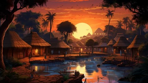 African Village Concept Art, African Fantasy Art Landscape, African Village Aesthetic, Dessert Village, Nairobi Aesthetic, African Village, Game Background Art, Africa Art Design, Fantasy Village