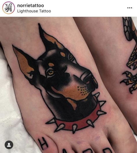 Doberman Portrait Tattoo, Doberman American Traditional Tattoo, Husky Tattoo Traditional, Traditional Style Dog Tattoo, Trad Dog Tattoo, Traditional German Shepherd Tattoo, Old School Dog Tattoo, Traditional Doberman Tattoo, Traditional Dog Portrait Tattoo