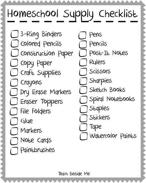 Homeschool Supply Checklist- Teach Beside Me Homeschool Supply List, Homeschool Checklist, Planning School, Homeschool Supplies, Homeschool Education, School Supplies List, Homeschool Classroom, Homeschool Schedule, Homeschool Learning